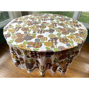 Vintage 70s oval tablecloth, brown, orange green flower power, fringed